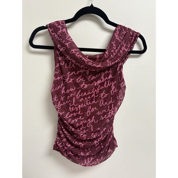 Maeve Anthropologie Mesh Script Print Draped Cowl Neck Ruched Tank Top S - Picture 3 of 8